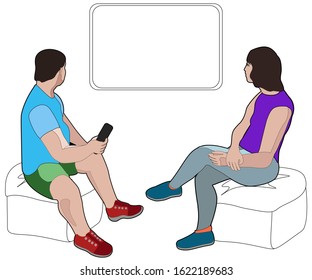Vector illustration of the couple, man and woman turned away, sitting, looks at the screen, watching TV.  Person holds the remote in his hand.