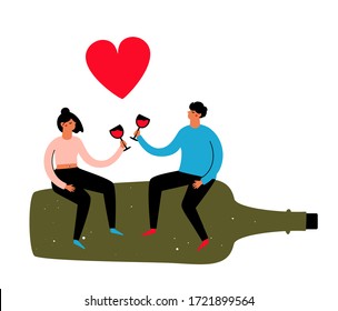 Vector illustration with couple of man and woman drinking red wine together. Trendy print design with people