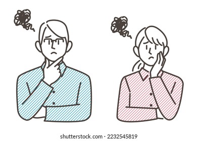 Vector illustration of a couple, a man and a woman, thinking and worrying.