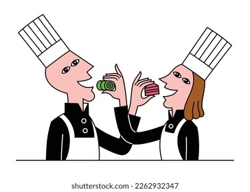 Vector illustration of a couple, man and woman, dressed as chefs and putting a piece of food into each other's mouths.