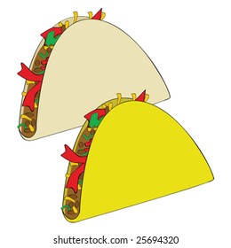 Vector illustration of a couple of Mexican tacos, one made with a corn tortilla and the other with flour
