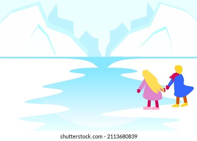 Vector illustration of a couple in the middle of a mountain and sea in a snowy winter. Panoramic landscape of north sea or arctic sea snow mountains. Antarctica's frozen nature