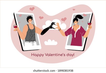 A Vector illustration of couple in mobile smartphone dating app. Happy man with bionic arm and young woman. A concept of St. Valentine’s day online internet date. Long distance romantic relationship.