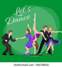 Vector illustration of couple modern dance, Partners  bachata, Dancing style design concept set, traditional flat icons isolated, Man and woman ballroom.