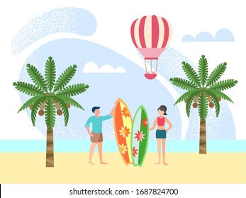 vector illustration couple ocean surfing concept. young couple on the ocean coast with surfboards among palm trees