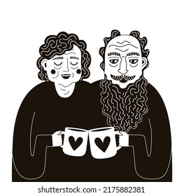 Vector illustration with couple of old man and woman drinking tea or coffee together. Black and white print design, greeting card template, home decoration poster