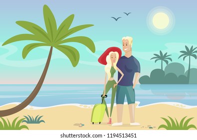 Vector illustration of couple on the beach. Young Woman and man standing on the tropical landscape near the sea, ocean, palm tree. Travel concept, relax, vacation and tourism in flat cartoon style.