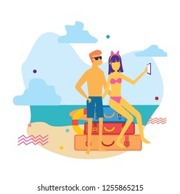 Vector illustration of couple on the beach. Travel concept, relax, vacation and tourism in flat cartoon style.