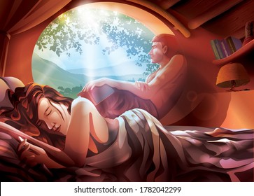  A vector illustration of the couple on the bed in the earth house with mountain scenery at outside