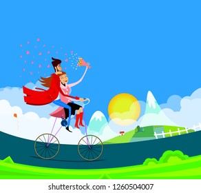 Vector illustration of a couple on a bicycle. greeting card for Valentine's Day in a cartoon style