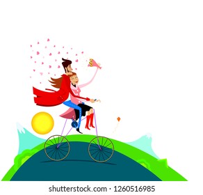Vector illustration of a couple on a bicycle. greeting card for Valentine's Day in a cartoon style. Isolated White Background.