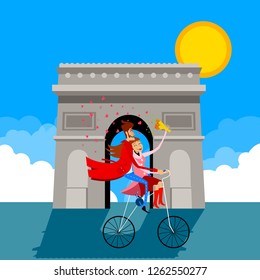 Vector illustration of a couple on a bicycle in front of the Arc de Triomphe. greeting card for Valentine's Day in a cartoon style