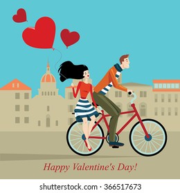 ilustración vectorial de una pareja en una bicicleta en el centro de la ciudad, tarjeta de saludo para el Día de San Valentín en un estilo de caricatura