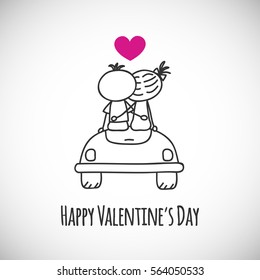 vector illustration of couple on car(cartoon doodle). Happy Valentine's day card