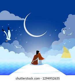 vector illustration of a couple on a pier at night. greeting card for Valentine's Day in a cartoon style - Vector

