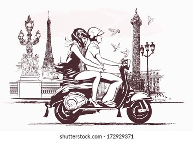 Vector illustration - couple on  a scooter in Paris
