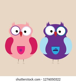 Vector illustration of couple of owl children.