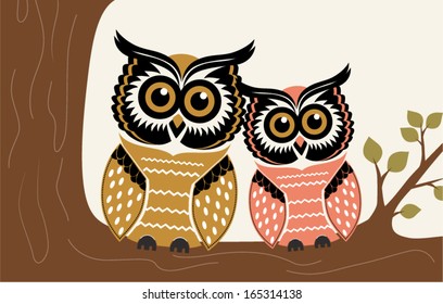 Vector illustration of the couple of owls sitting sitting on the tree brunch