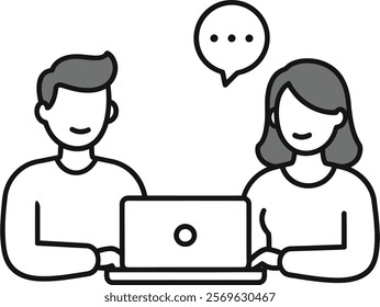 Vector illustration of a couple of people sitting at a table with a laptop.
