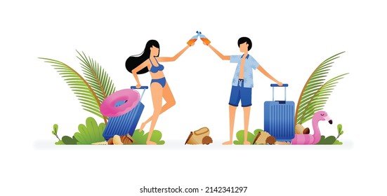 Vector illustration of couple of people toasting with suitcases a sign that the holiday season has opened. Design can be used to landing page, web, website, poster, mobile apps, brochure ads, flyer