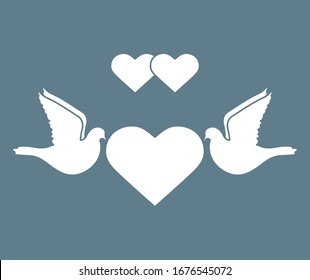 Vector illustration Couple of pigeon with heart Valentine's day, wedding, Birthday, Mother's day, Father's day Romantic background of Flying dove bird.  Love concept Design for greeting card, fabric, print