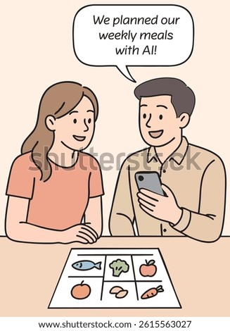 Vector illustration of a couple planning their weekly meals using AI on a smartphone. Perfect for AI in daily life, food tech, digital nutrition, couple dialogue, and editable speech bubbles.