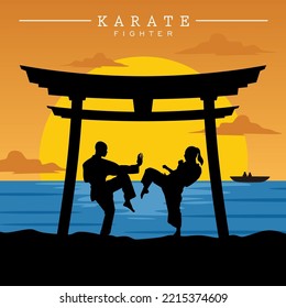 Vector Illustration of couple practice karate fight under gate with sunset beach background for t-shirt, poster, etc