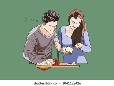 Vector Illustration of Couple Preparing Meal, Cooking, Chopping Vegetables, Dining, Young Man and Woman