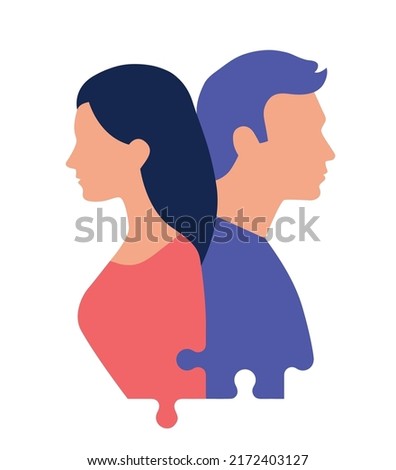 Vector illustration of a couple with puzzle pieces - compatibility, marriage counseling, couple therapy icon