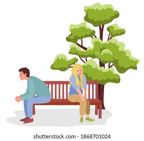 Vector illustration of Couple quarrel scene. Dispute between lovers, man,woman sitting against each other on bench with disagreement. Unhappy sad couple in depression having relationship problem