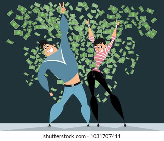 Vector illustration of couple in the rain of money