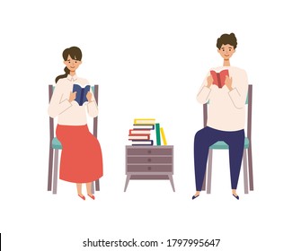 Vector illustration of a couple reading books. Man and woman have a relaxing day off. Stay at home concept.