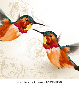 Vector illustration with  couple of realistic humming birds for design