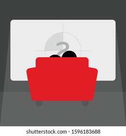Vector illustration of a couple in red sofa watching movie at home. Counting down to movie start at screen in the background.