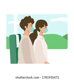 Ilustración vectorial de una pareja que se abstiene de la conversación en el transporte público. Arte conceptual para ‘Viajar en la nueva normalidad’.  Ilustración vectorial de diseño plano. 
