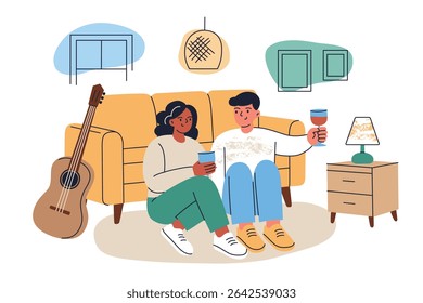 Ilustração vetorial do casal relaxante no chão no interior acolhedor da sala de estar. Data romântica, tempo de qualidade, descanso familiar, lazer de fim de semana, humor pacífico, homem de desenho animado e mulher com vinho