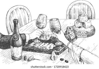 Vector illustration of a couple in a restaurant wine degustation. Date glasses clinking., celebrating special occasion. Vintage hand drawn engraving style.