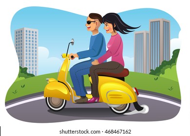 A vector illustration couple riding motorcycle in the city