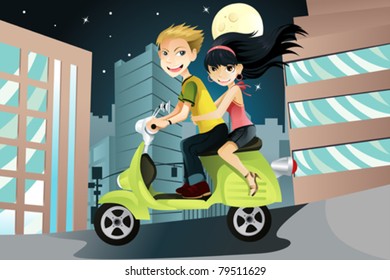 A vector illustration couple riding motorcycle in the city an evening
