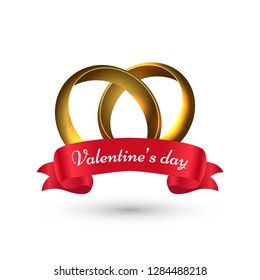 Vector illustration of couple rings with stylish lettering of valentine's day on white background.
