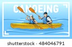 Vector illustration of a couple rowing on canoe. Beautiful sport themed poster. Water sports, sea, river, vacation, boating, canoeing