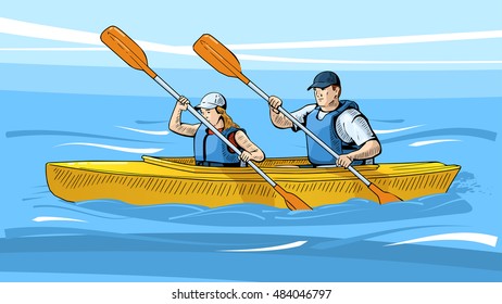 Vector illustration of a couple rowing on canoe. Beautiful sport themed poster. Water sports, sea, river, vacation, boating, canoeing