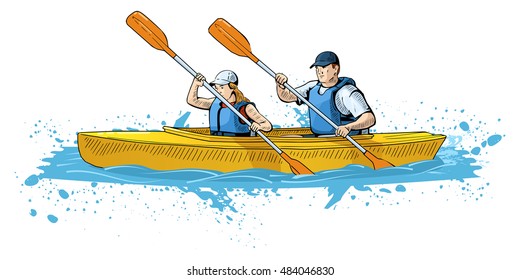 Vector illustration of a couple rowing on canoe. Beautiful sport themed poster. Water sports, sea, river, vacation, boating, canoeing