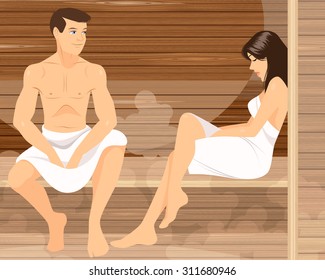 Vector illustration of a couple in sauna