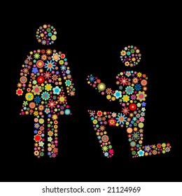 Vector illustration of couple shape  made up a lot of  multicolored small flowers on the black background