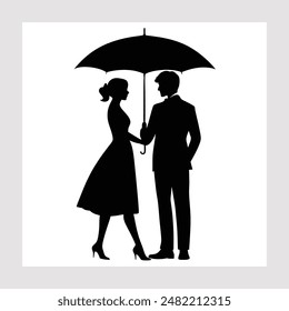 A vector illustration of a couple sharing an umbrella, capturing a romantic and intimate moment amidst the rain. Perfect for love-themed designs, greeting cards, wedding invitations .