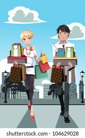 A vector illustration of a couple shopping in the city