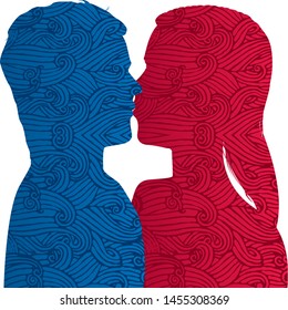 Vector illustration. Couple silhouette kiss with textured effect. Isolated.