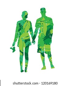 vector illustration of couple silhouette in leaves