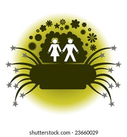 Vector illustration of couple silhouette on the funny floral and stars background.